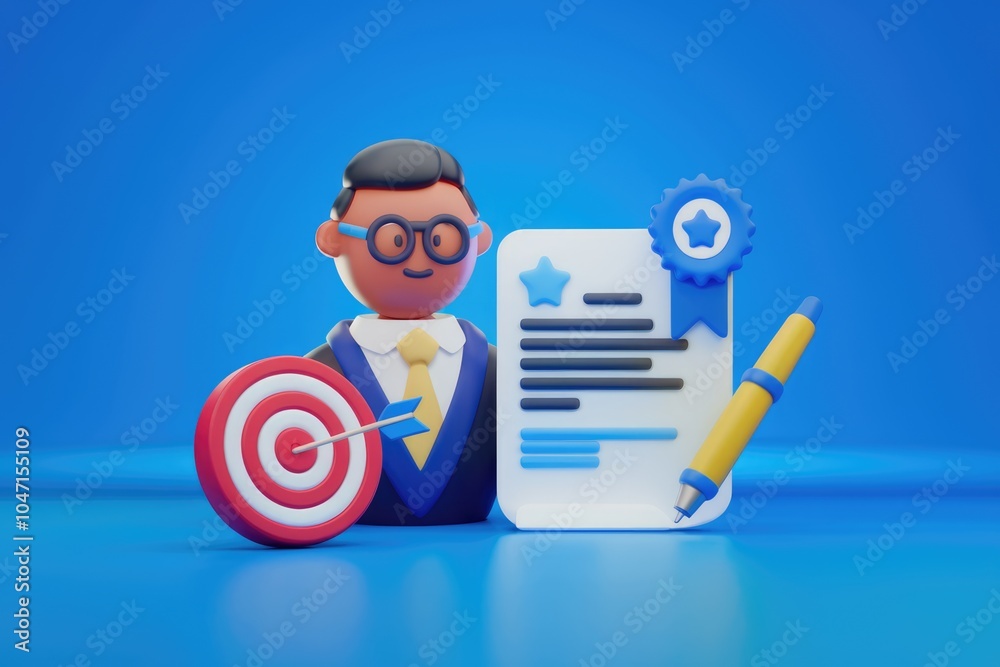 Poster a 3d illustration depicting a man achieving a goal with a certificate and a target.