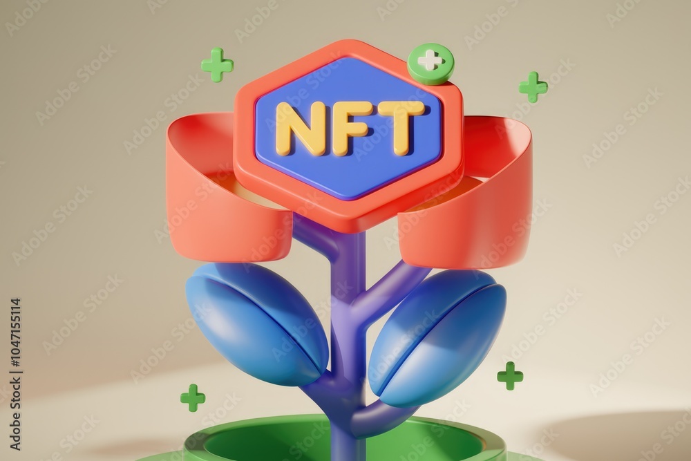 Aufkleber a 3d rendering of a flower with an nft logo.