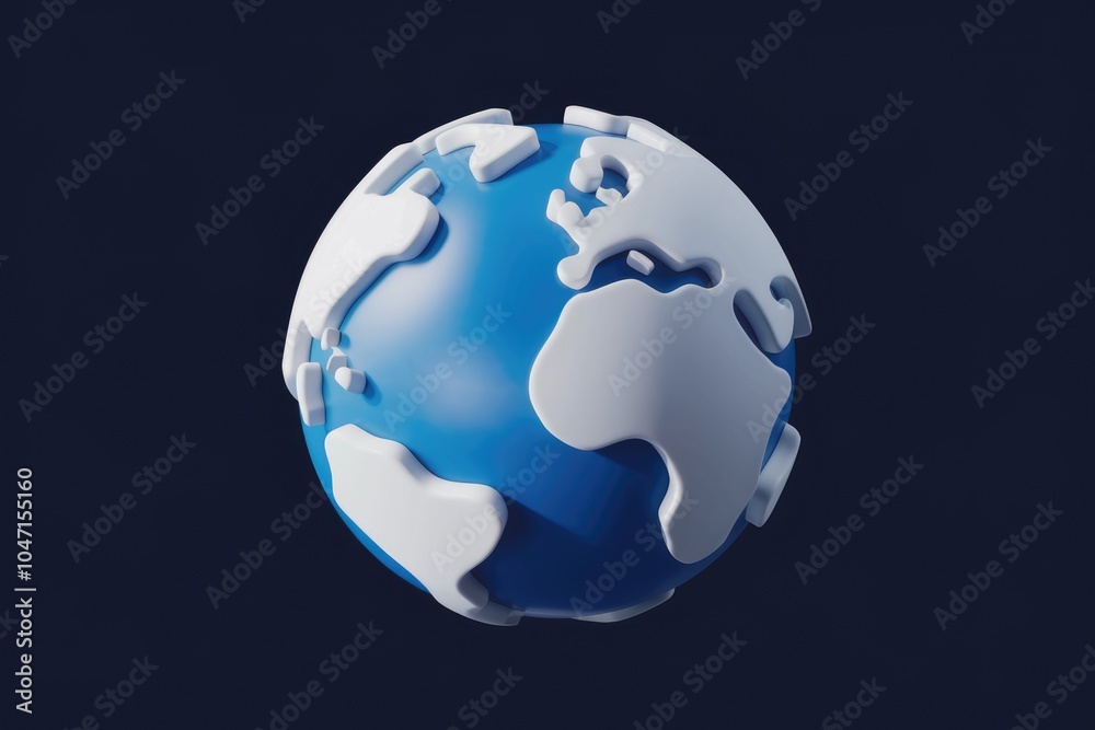 Poster a stylized 3d rendering of the earth with continents in white on a blue globe.