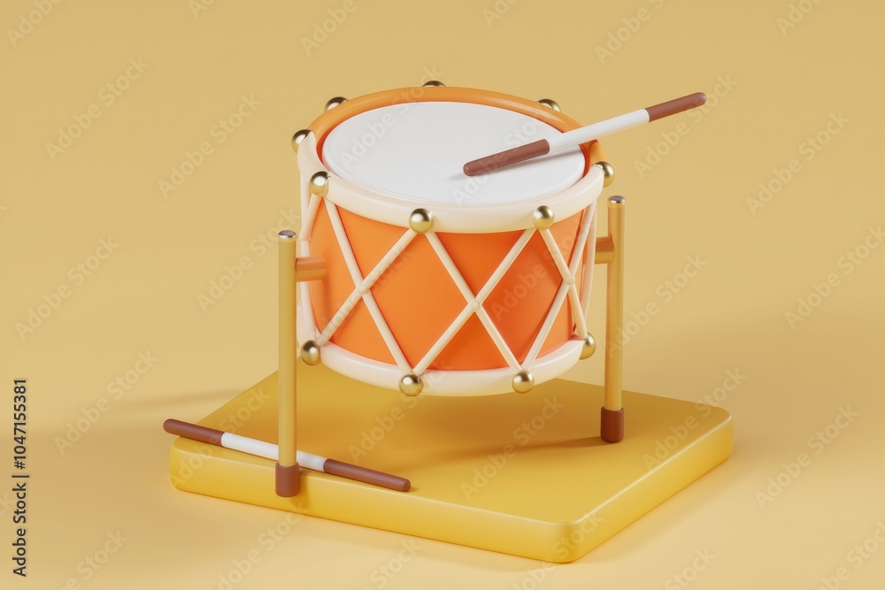 Poster A 3D rendering of an orange drum with drumsticks.