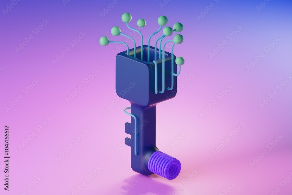 Poster A 3D rendering of a key with digital elements  symbolizing access and technology.