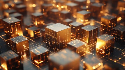 Blockchain concept. Big data binary code futuristic information technology, data flow. Transferring of big data. interconnected blocks of data depicting a cryptocurrency blockchain. 3D Rendering.