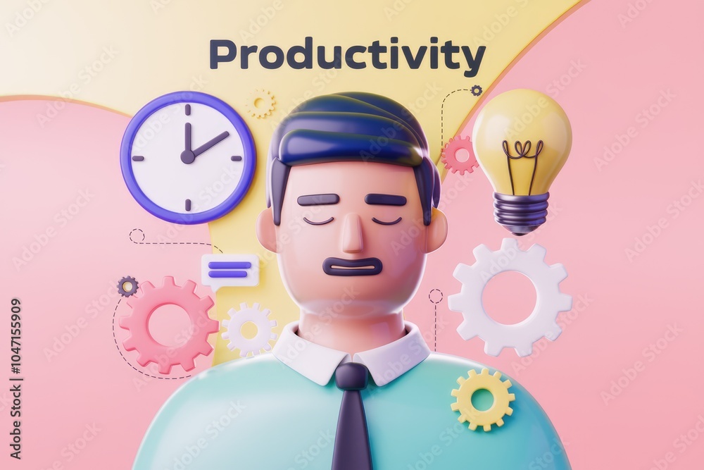 Poster a 3d illustration of a man symbolizing productivity with time ideas and gears.