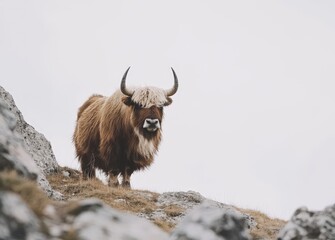 Majestic highland cattle standing on rocky terrain