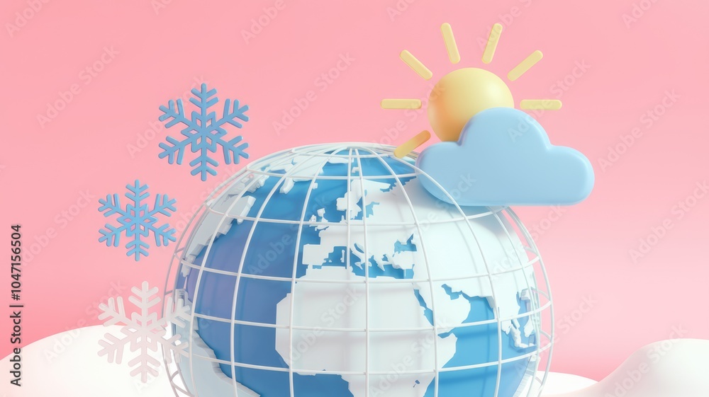 Poster A 3D rendering of Earth with a sun and a cloud  symbolizing weather and climate.