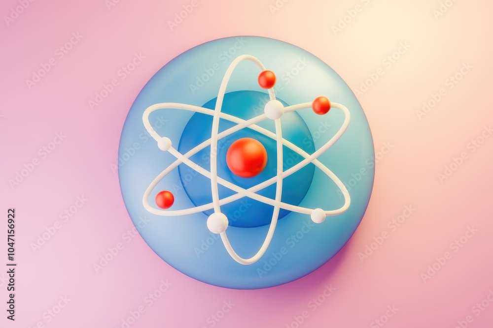 Poster a 3d model of an atom with a nucleus and orbiting electrons.