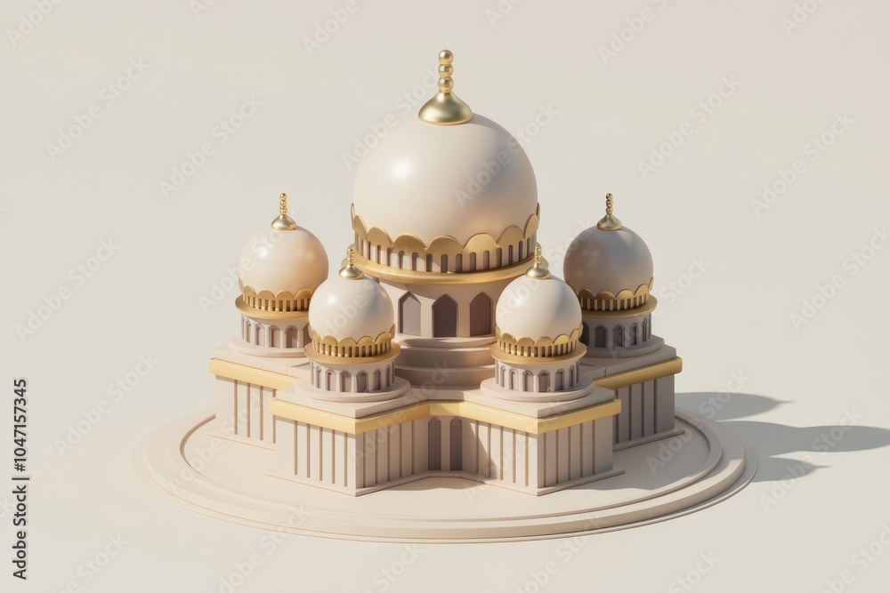 Poster A 3D rendering of a mosque with multiple domes and intricate details.