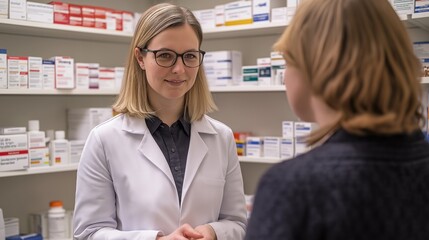 A female pharmacist works in a drugstore with medicines, sells prescription drugs to a customer. Pharmaceutical industry, rising prices of drugs, medical drug production