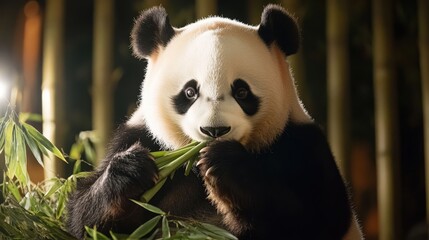 Obraz premium Visitors Enjoy Pandas Eating Bamboo at the Zoo