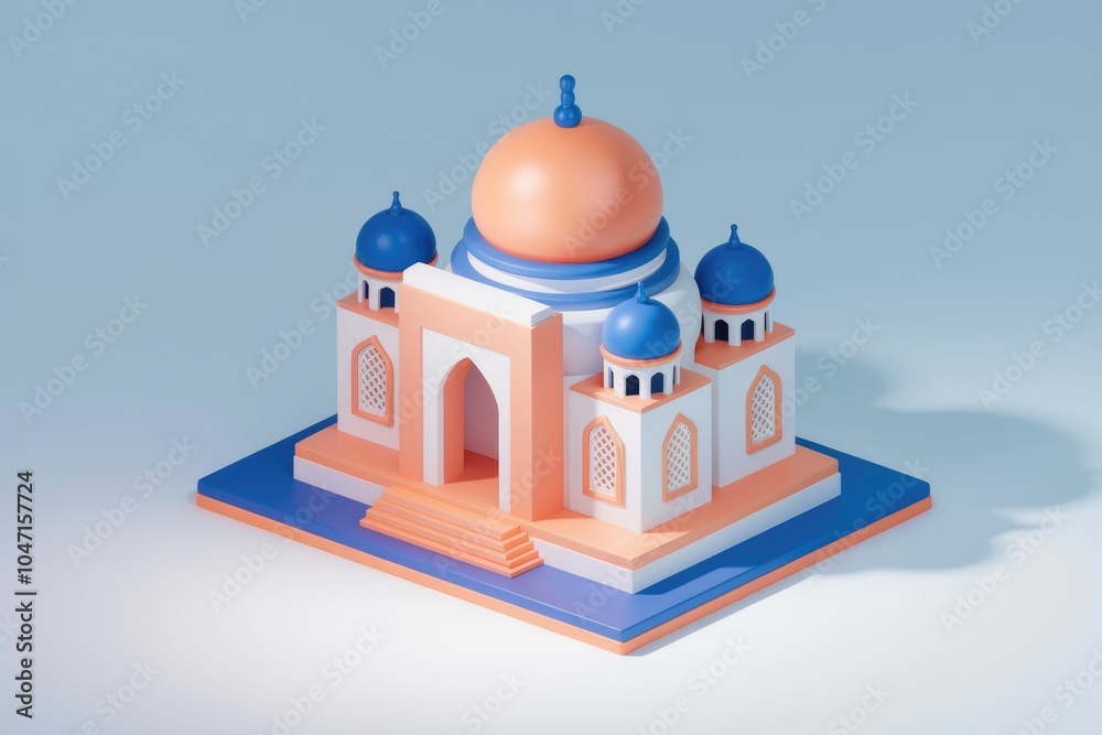 Poster A 3D rendering of a mosque with intricate details and a blue and orange color scheme.