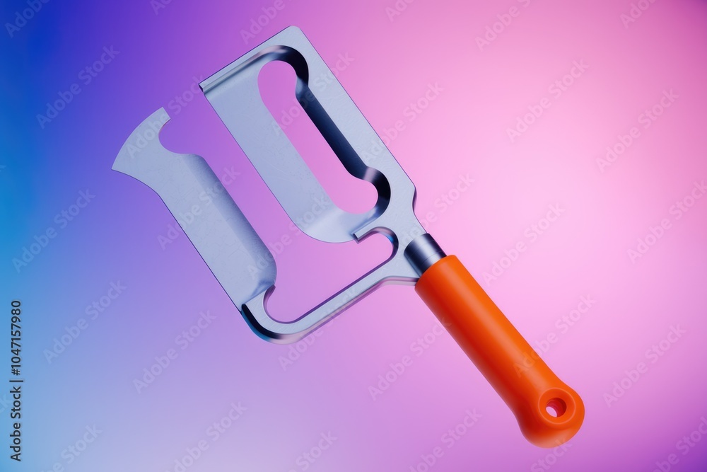 Poster A silver and orange handheld tool with a unique design and a handle.