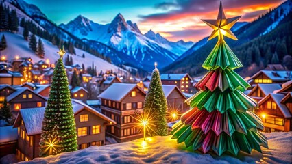 Fototapeta premium Origami Christmas Tree in a Mountain Village - Festive Holiday Art Scene for Merry Christmas and Happy New