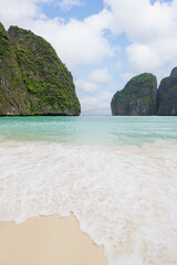 Blue sky with clear water at Maya bay in Phi Phi Island, popular destination of tourist in Krabi, Southern of Thailand.
