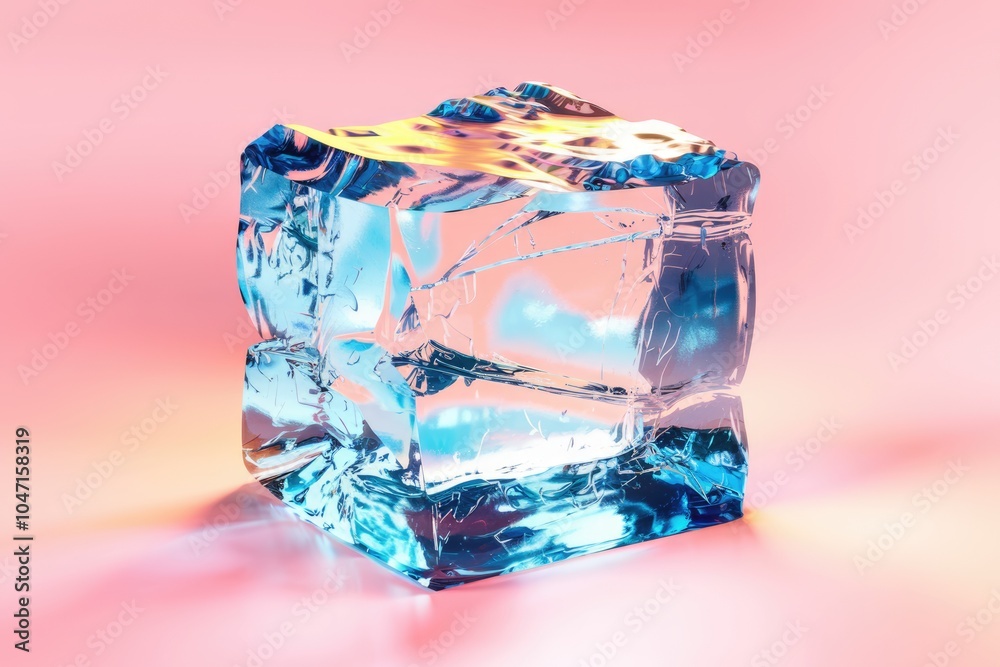 Poster a single clear ice cube with a blue hue isolated on a pink background.