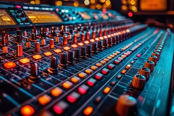 Obraz premium Close-up of an Audio Mixing Console with Illuminated Buttons and Knobs