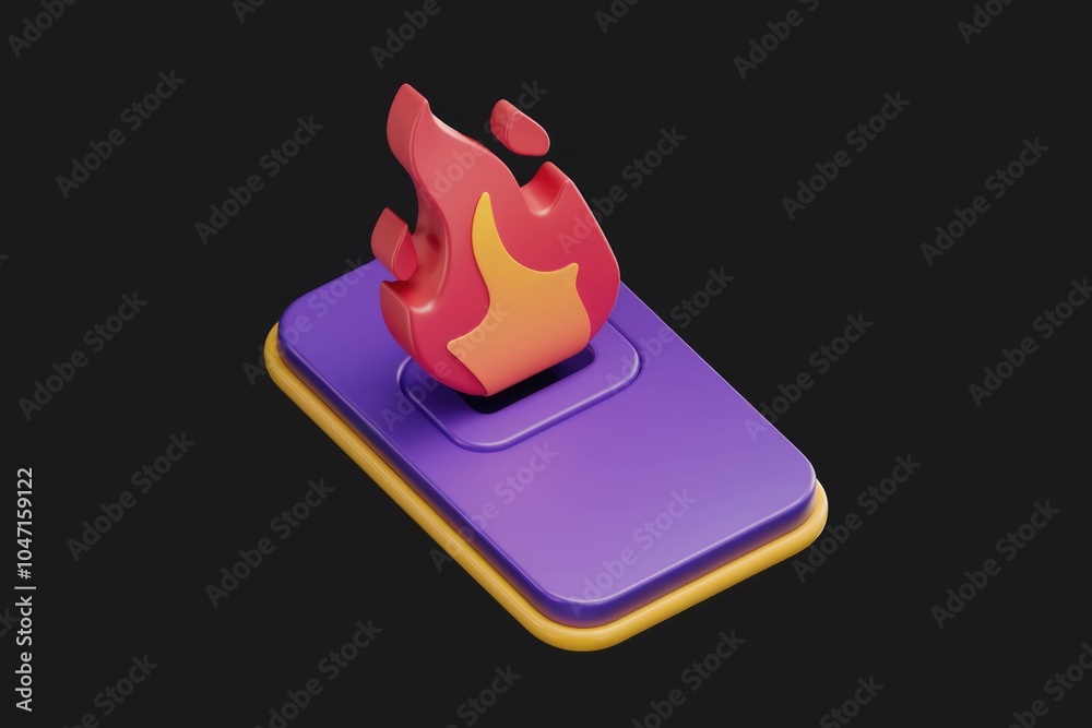 Poster a 3d rendering of a purple phone with a fire symbol on top symbolizing phone overheating.
