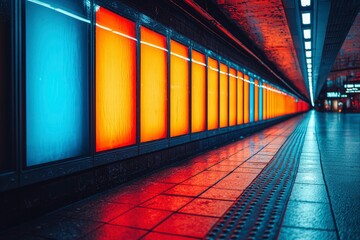 Fototapeta premium Illuminated Subway Tunnel with Orange and Blue Lights