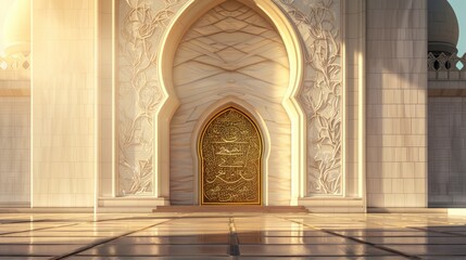 Fototapeta premium Ornate Golden Doorway with Arabic Calligraphy in a White Mosque