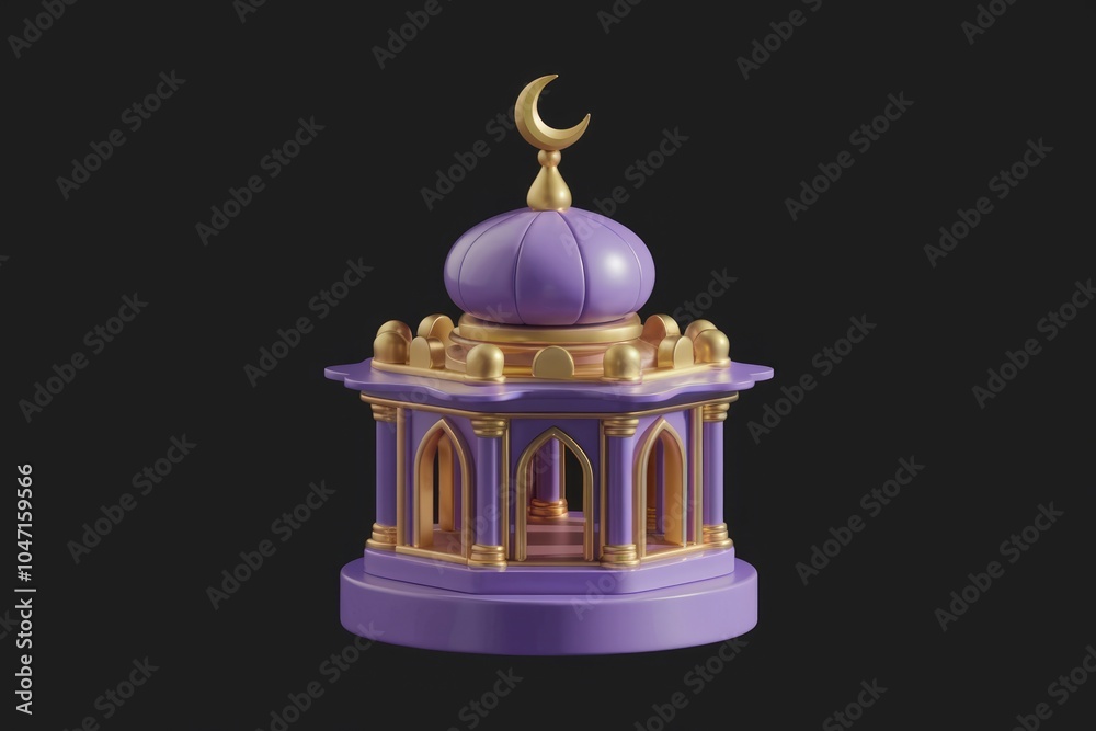 Poster a 3d rendering of a purple mosque with golden accents.