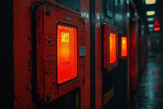 Red Illuminated Panel on Wet Industrial Surface