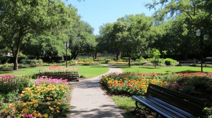 A Stone Path Through a Garden with a Bench at the End
