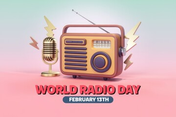 A 3D illustration of a retro radio with a microphone  celebrating World Radio Day on February 13th.