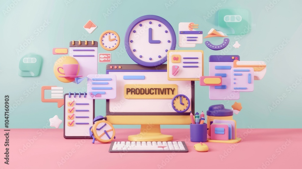 Poster 3d illustration of productivity concept with various work tools