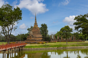 Wat Sa Si temple and wooden bridge, Shukhothai Historical Park, Thailand, one of UNESCO Heritage Site