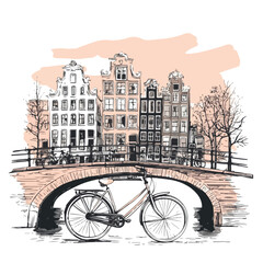 Naklejka premium Amsterdam Cityscape with Architectural Bridges and Bicycles