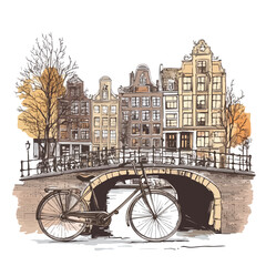 Naklejka premium Amsterdam Cityscape with Architectural Bridges and Bicycles