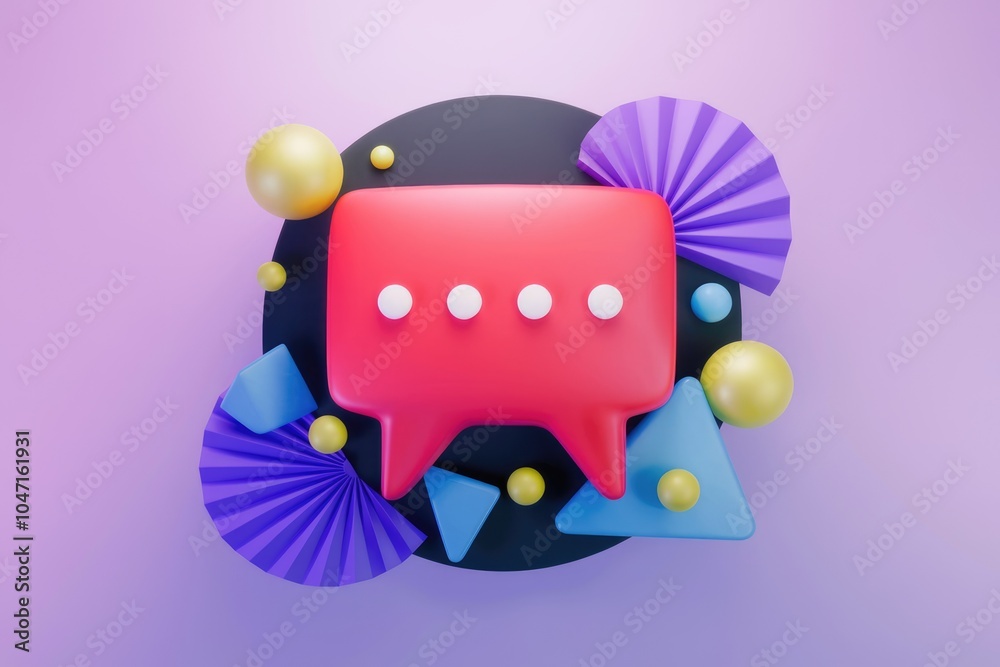 Fototapete 3D rendering of a red speech bubble with white dots  surrounded by colorful abstract shapes.