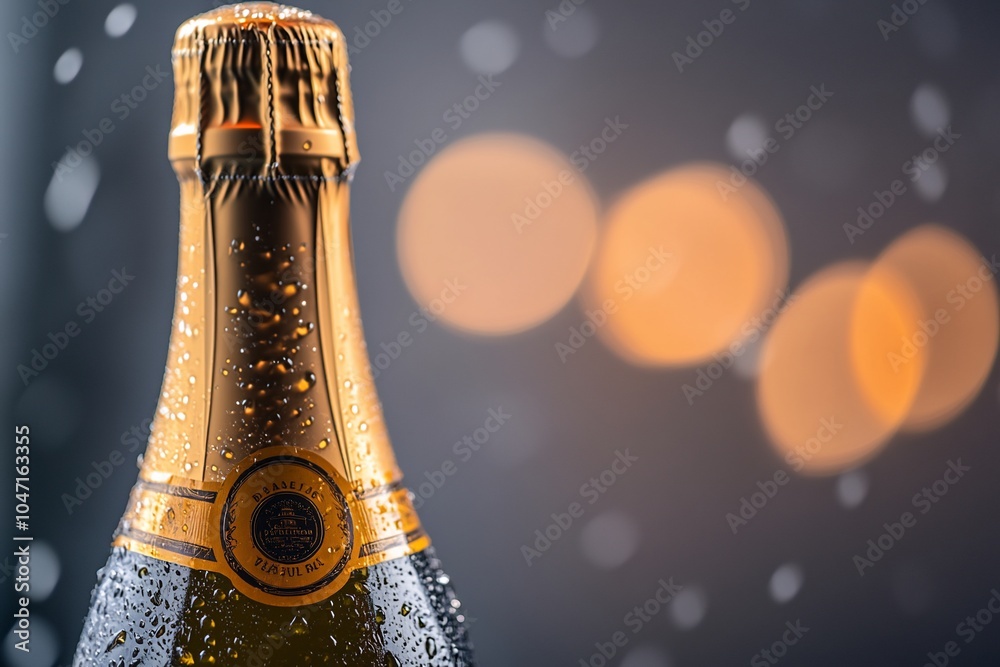 Wall mural close-up of a champagne bottle with droplets and soft background bokeh.