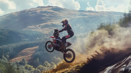 Obraz premium Motocross Rider Launching Off a Cliff in a Mountainous Landscape