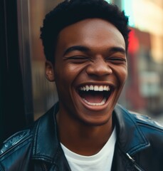 Joyful young man laughing with a big smile