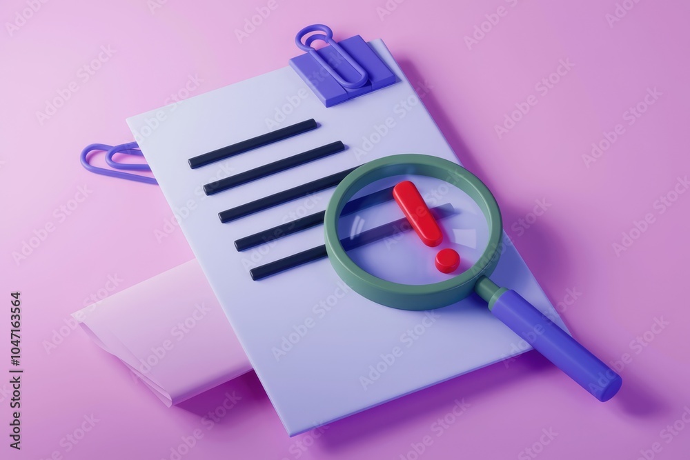 Poster A magnifying glass with an exclamation mark pointing to a document  suggesting a problem or error.