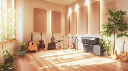 A beautifully designed music practice room with modern decor, acoustic panels, and carefully arranged instruments.