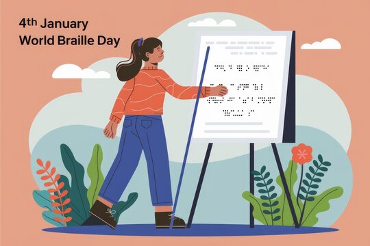 A young woman reads Braille text on a whiteboard celebrating World Braille Day on January 4th. - Powered by Adobe