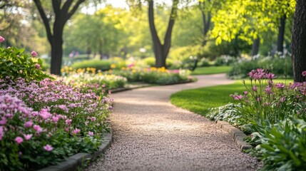 A Winding Gravel Path Through a Lush Green Garden with Pink Flowers