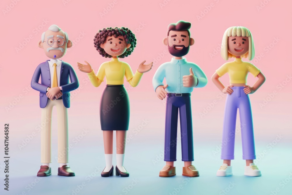Poster four diverse cartoon characters stand together showcasing inclusivity and unity.