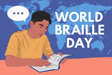 Naklejka premium A young man reading a book in Braille celebrating World Braille Day.
