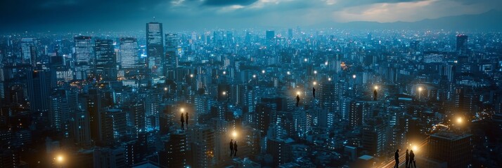 Obraz premium People Standing on Illuminated Rooftop, Futuristic City Skyline at Night, Metaverse Concept,