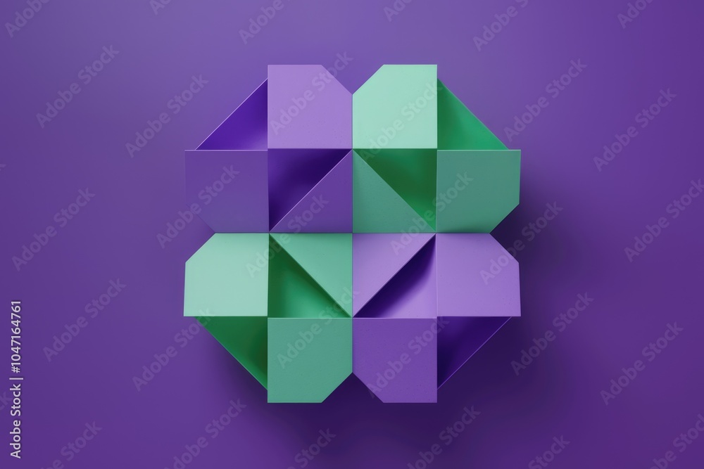 Poster a geometric pattern of purple and green squares and triangles on a purple background.