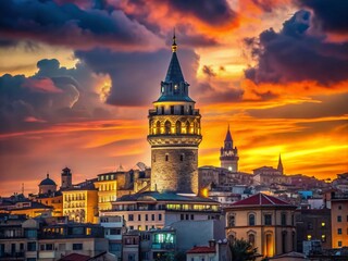 Obraz premium Silhouette of Galata Tower at Dusk Over Istanbul Skyline