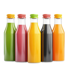 Assorted fruit juice bottles displayed on a clean white background, showcasing vibrant colors and diverse flavors, perfect for health-conscious consumers.