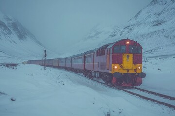 Red Train Traveling Through a Snowy Mountain Landscape