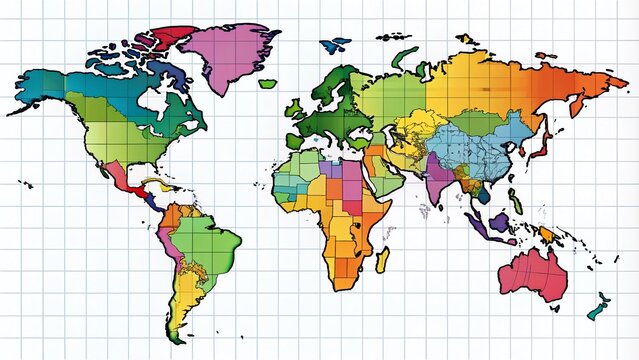 Simplified World Map with Latitude and Longitude Grid in Aitoff Projection for Educational and Design Use