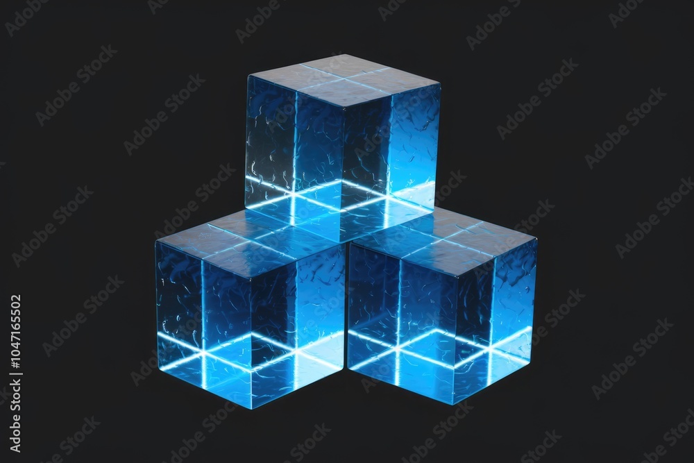 Poster three transparent blue cubes stacked on a transparent background.