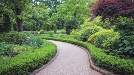 Fototapeta premium Winding Gravel Path Through Lush Green Garden