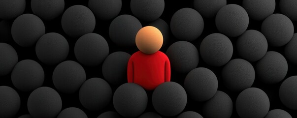 A solitary figure in red stands out among numerous black spheres, symbolizing individuality and contrast in a visually striking composition.