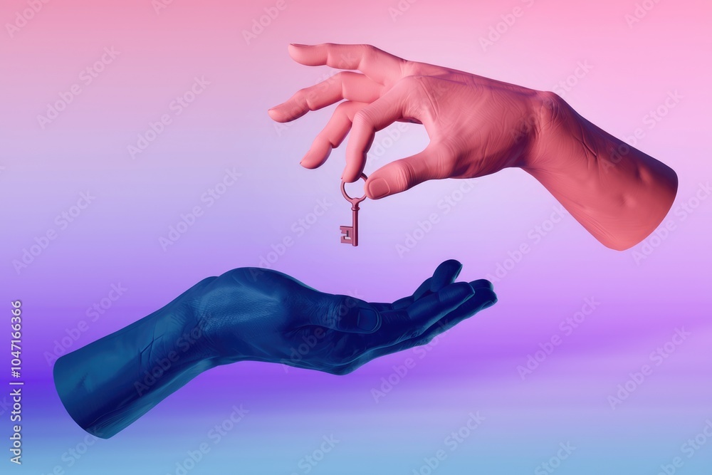 Poster two hands one pink and one blue exchange a key against a gradient background.